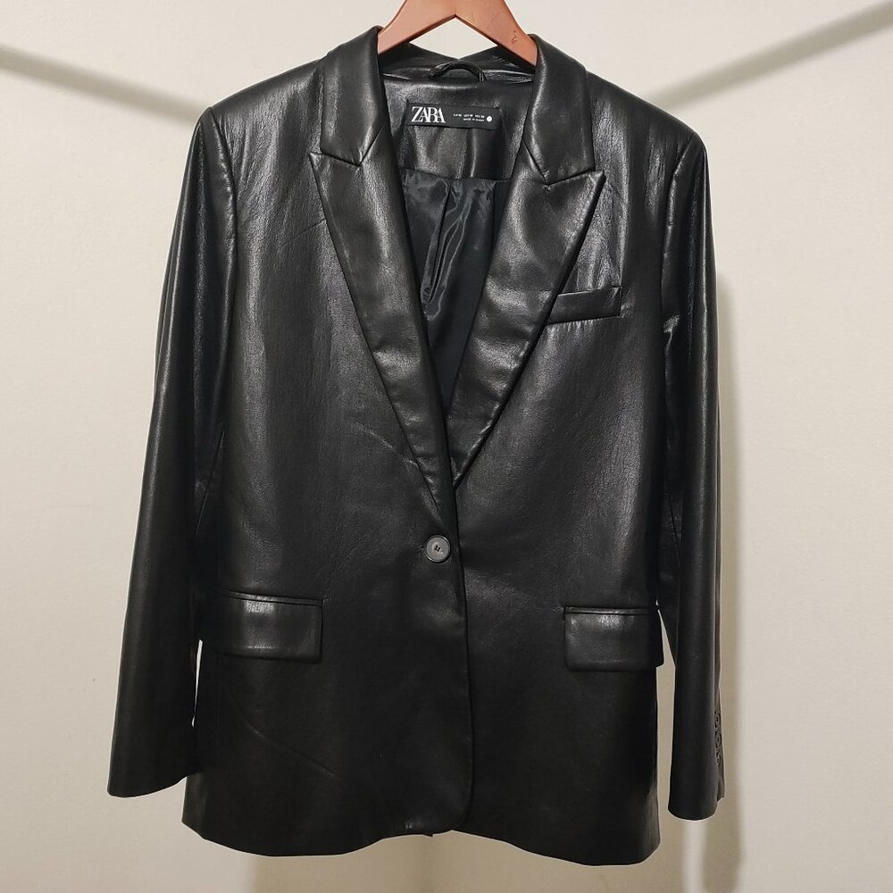 Zara Black Faux Leather Menswear Style Blazer M